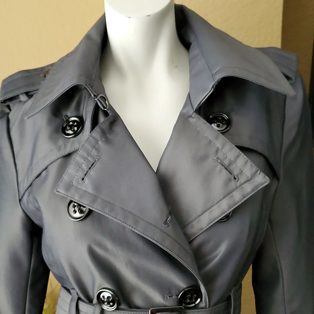 🆕️LONDON FOG Metallic Gray Water Resistant Double Breasted Trench Coat SIZE: PS - Picture 3 of 16